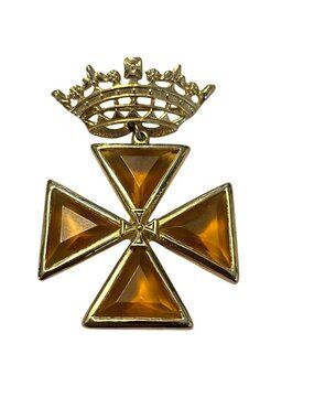 Vintage Crown Maltese Cross Brooch Amber Glass Gold Tone Heraldic Pin Pendant 2.